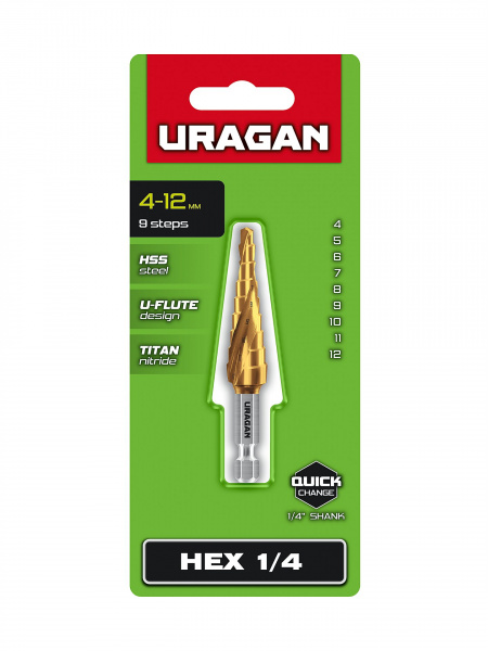 URAGAN 4-12мм, 9 ступеней, винтовая спираль, сверло ступенчатое(29658-4-12-9)
