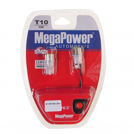 Автолампа T10W (W2,1x9,5d) 1 SMD 7080 WHITE блистер с тестером (2 шт) 6000K 80лм   12V MEGAPOWER /1 /25