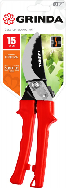 GRINDA G-31, 200 мм, закаленные лезвия, тефлоновое покрытие, зубцы на лезвии, пластиковые рукоятки, плоскостной секатор (40210)