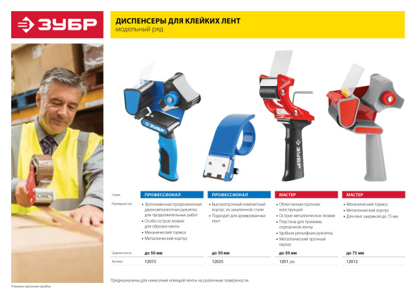 ЗУБР до 50 мм, двухкомпонентная рукоятка, Диспенсер для клеящих лент, ПРОФЕССИОНАЛ (12015)