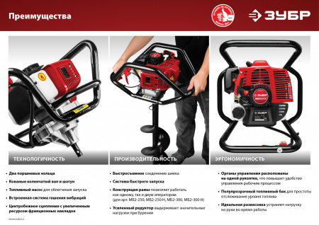 ЗУБР d 60 - 250 мм, 52 см3, 2 оператора, мотобур (бензобур) (МБ2-250)