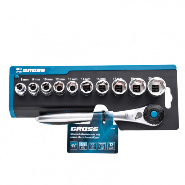 Набор торцевых головок, трещотка 120 зубьев, 3/8", CrV, 12 предметов Gross Набор торцевых головок, трещотка 120 зубьев, 3/8", CrV, 12 предметов Gross