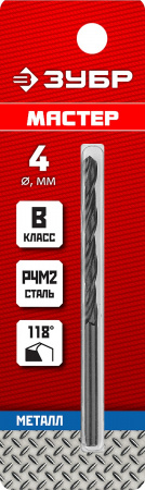 ЗУБР 4.0 х 75 мм, сталь Р4М2, класс В, сверло по металлу (29605-4)