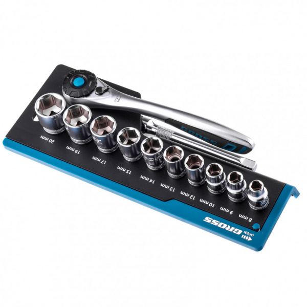 Набор торцевых головок, трещотка 120 зубьев, 3/8", CrV, 12 предметов Gross Набор торцевых головок, трещотка 120 зубьев, 3/8", CrV, 12 предметов Gross