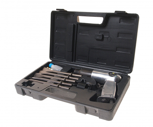 Пневмомолоток ER-83502K с набором зубил  3000 ударов/мин 190мм с круглой насадкой 9 предметов в кейсе ЭВРИКА 1/10