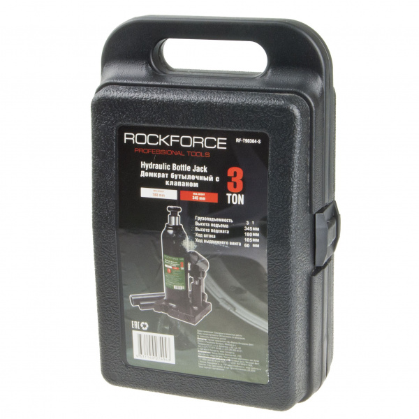 Домкрат гидравлический RF-T90304S бутылочный с клапаном 3т (выс.подъема 180-345мм) в кейсе ROCKFORCE /1/6