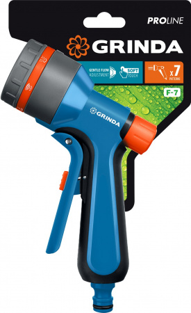 GRINDA F-7, 7 режимов, курок спереди, двухкомпонентный с регулятором напора, поливочный пистолет, PROLine (429120)