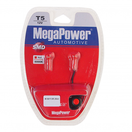 Автолампа T5 (W2*4.6d) 1 SMD 3528 RED блистер с тестером (2шт) 8лм   12V MEGAPOWER /1 /50