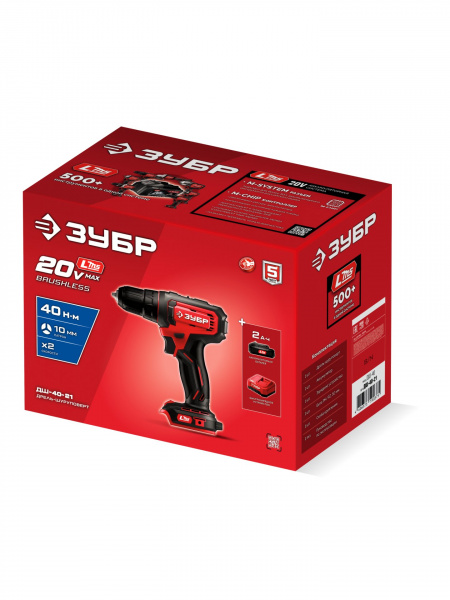 ЗУБР 20 В, 40 Н·м, 1 АКБ LMS (2 А·ч), дрель-шуруповерт (ДШ-40-21)