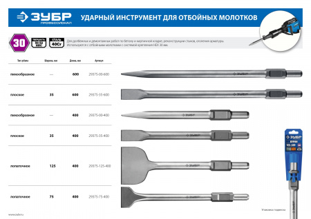 ЗУБР БУРАН, 400 мм, HEX 30, пикообразное зубило (29375-00-400)