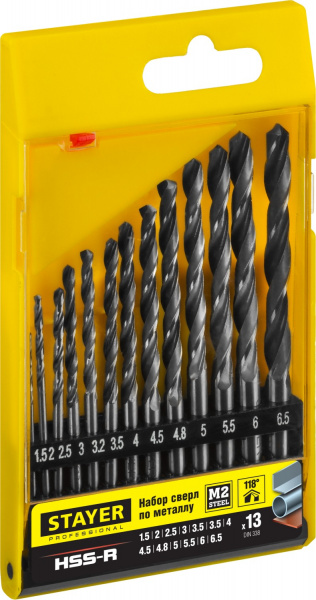 STAYER HSS-R, 13 шт, (1.5-6.5 мм), быстрорежущая сталь P6M5, класс В, набор сверл по металлу, Professional (29602-H13)