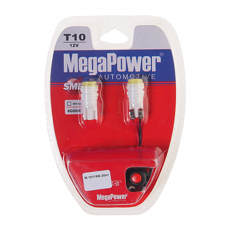 Автолампа T10W (W2,1x9,5d) CERAMIC 1 SMD WHITE  блистер с тестером (2 шт) 6000K 55лм   12V MEGAPOWER /1 /25
