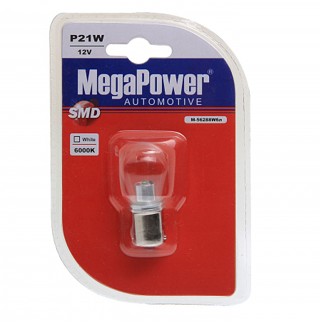 Автолампа P21W (BA15s) 1 SMD CREE WHITE блистер 6000K 180лм   12V MEGAPOWER /1/10/100