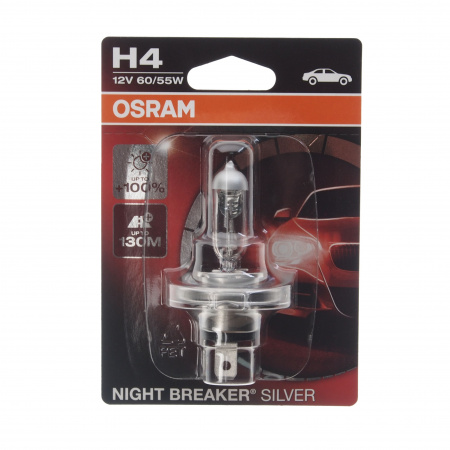 Автолампа H4 (60/55) P43t+100% NIGHT BREAKER SILVER  (блистер) 12V OSRAM /1/10