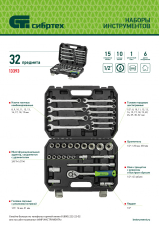 Набор инструментов, 1/2", пластиковый кейс, 32 предмета// Сибртех Набор инструментов, 1/2", пластиковый кейс, 32 предмета// Сибртех