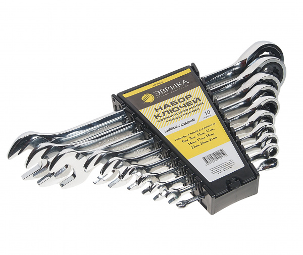 Набор ключей комбинированных ER-20627 трещоточных 10 предметов 6,8,10,12,14,17,19,22,24,27мм (на держателе) ЭВРИКА 5/10