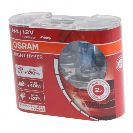Автолампа H4 (60/55) P43t+130% NIGHT HYPER (евробокс, 2шт) 12V OSRAM /1/10