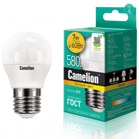 Лампа светодиодная E27 G45 7W тёплый свет CAMELION 1/10/100