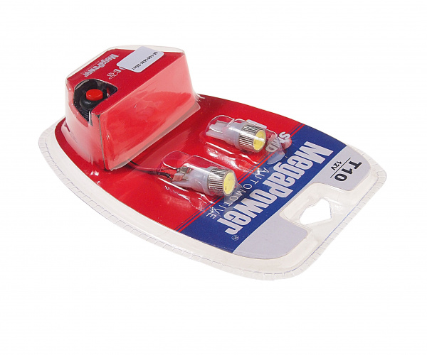 Автолампа T10W (W2,1x9,5d) 1 SMD 7080 WHITE блистер с тестером (2 шт) 6000K 80лм   12V MEGAPOWER /1 /25