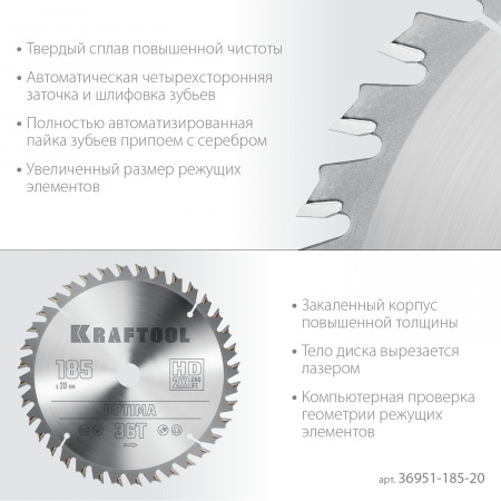 KRAFTOOL Optima, 185 х 20 мм, 36Т, пильный диск по дереву (36951-185-20)