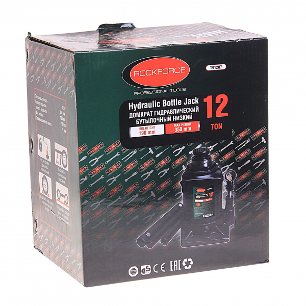 Домкрат гидравлический RF-T91207 бутылочный низкопрофильный 12т (выс.подъема 190-350мм) ROCKFORCE /1/4 Домкрат гидравлический RF-T91207 бутылочный низкопрофильный 12т (выс.подъема 190-350мм) ROCKFORCE /1/4