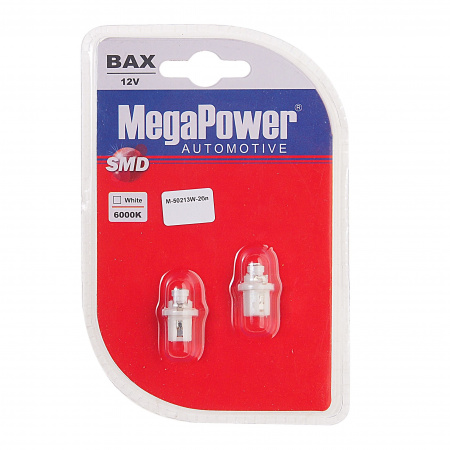 Автолампа T5 (W2*4.6d с патроном B8.5d) 1 SMD 3528  WHITE блистер (2шт) 6000K 18лм   12V MEGAPOWER /1 /50