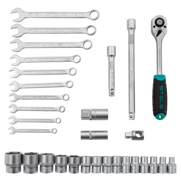 Набор инструментов, 1/2", CrV, пластиковый кейс 31 предмет Stels Набор инструментов, 1/2", CrV, пластиковый кейс 31 предмет Stels