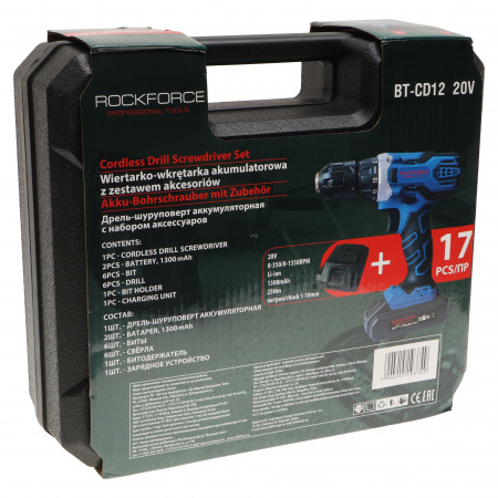 Шуруповерт RF-BT-CD12 20V: аккумул. 20V, 1.3Ah патрон 1-10мм(Li-ion , 0-350/0-1350 об/мин сверло1.5,2,3,4,5,6мм.биты PH1,2 PZ1,2,SL5,6 и битодержатель
