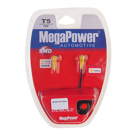 Автолампа T5 (W2*4.6d) 1 SMD 3528 YELLOW блистер с тестером (2шт) 8лм   12V MEGAPOWER /1 /25