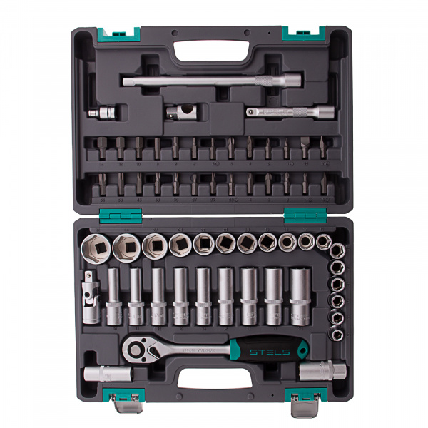 Набор инструментов, 1/2", CrV, пластиковый кейс 60 предметов Stels Набор инструментов, 1/2", CrV, пластиковый кейс 60 предметов Stels