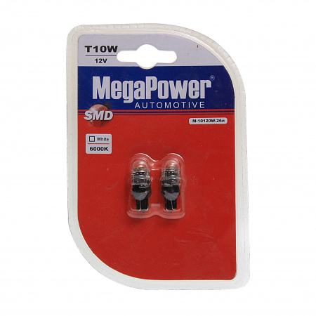 Автолампа T10W (W2,1x9,5d) 1 SMD CREE WHITE блистер (2 шт) 6000K 120лм   12V MEGAPOWER /1/10/100