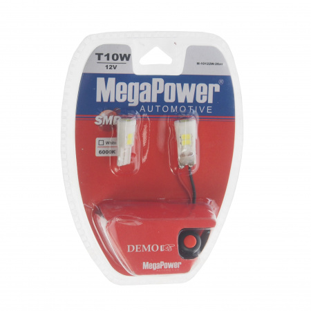 Автолампа T10W (W2,1x9,5d) CERAMIC 6 SMD 5630 WHITE блистер с тестером (2 шт) 6000K 360лм   12V MEGAPOWER /1/10/100