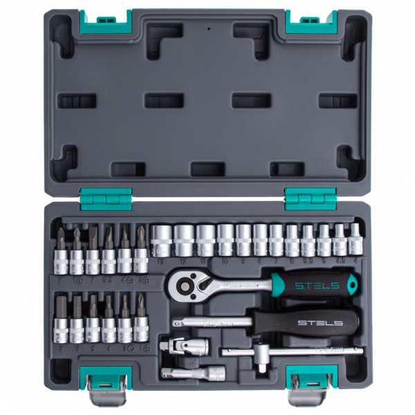 Набор инструментов, 1/4", CrV, пластиковый кейс 29 предметов Stels Набор инструментов, 1/4", CrV, пластиковый кейс 29 предметов Stels