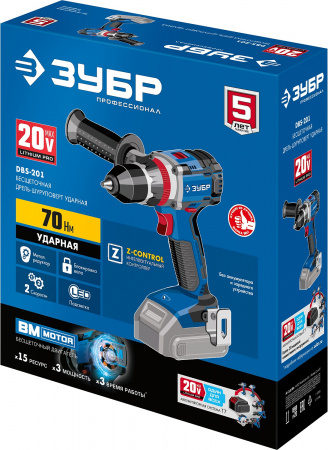 ЗУБР Т7, 20 В, 70 Н·м, без АКБ, бесщеточная ударная дрель-шуруповерт, Профессионал (DBS-201)