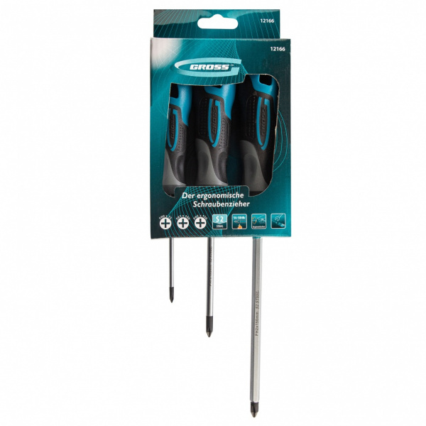 Набор отверток PH, 3 шт, S2, трехкомпонентная рукоятка Gross Набор отверток PH, 3 шт, S2, трехкомпонентная рукоятка Gross