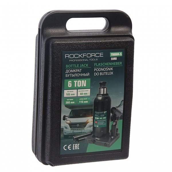 Домкрат гидравлический RF-T90604SEURO бутылочный с клапаном 6т (выс.подъема 185-360мм) в кейсе ROCKFORCE /1/4