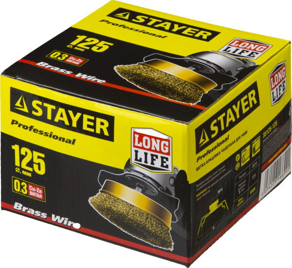 STAYER 125 мм, витая стальная латунированная проволока 0.3 мм, чашечная щетка-крацовка для УШМ, Professional (35125-125)