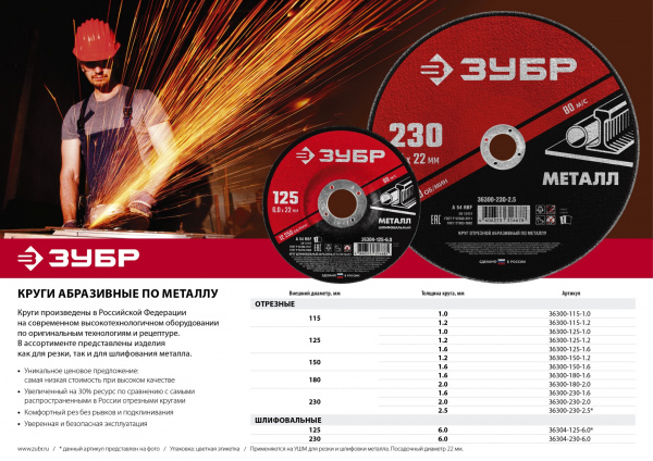 ЗУБР 125 x 1.0 х 22.2 мм, для УШМ, круг отрезной по металлу (36300-125-1.0)