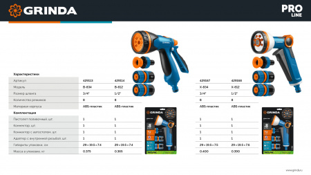 GRINDA Х-812, питолет поливочный X-8, коннектор 1/2, конектор 1/2 с автостопом, адаптер с внутр. резьбой 1/2 х 3/4, набор поливочный PROLine (429168)