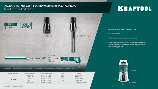KRAFTOOL М18 - 1 1/4″, Адаптер для алмазных коронок (29827-М18) KRAFTOOL М18 - 1 1/4″, Адаптер для алмазных коронок (29827-М18)