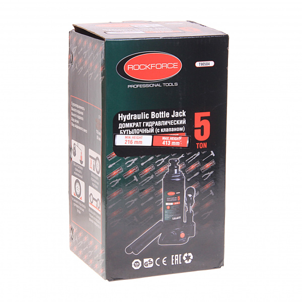 Домкрат гидравлический RF-T90504 бутылочный с клапаном 5т (выс.подъема 195-395мм) ROCKFORCE /1/4 Домкрат гидравлический RF-T90504 бутылочный с клапаном 5т (выс.подъема 195-395мм) ROCKFORCE /1/4
