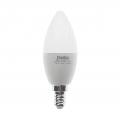 Лампа светодиодная E14 С35 8W тёплый свет CAMELION 1/10/100