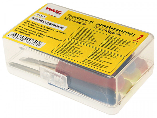 Набор отверток WMC-711A07: мини с пластиковой рукояткой 7пр(SL:3х35,4х35,5х35мм;PH:0х35,1х35,2х35мм),в футляре WMC TOOLS /1/100