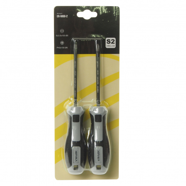Набор отверток ER-M08-2  SL5.5x100 Ø5, PH2x100 Ø6, стержень S2, 2 предмета в блистере HRC≥59 ЭВРИКА /1/72 NEW Набор отверток ER-M08-2  SL5.5x100 Ø5, PH2x100 Ø6, стержень S2, 2 предмета в блистере HRC≥59 ЭВРИКА /1/72 NEW