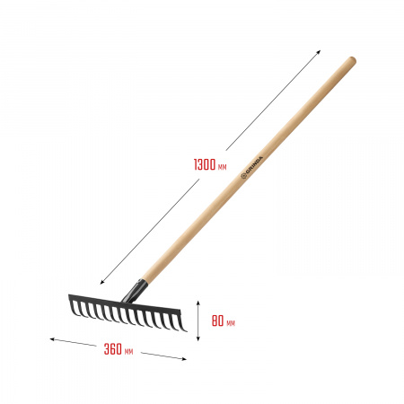 GRINDA GT-14 WOOD, 360 х 80 х 1300 мм, 14 прямых зубцов, углерод. сталь, антикор. покрытие, черенок дерев. высш. сорт, садовые грабли (39583-14)