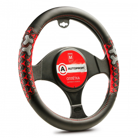 Оплетка руля AP-2050 BLACK/RED (M) экокожа, две 3D вставки, AUTOPROFI 1/20