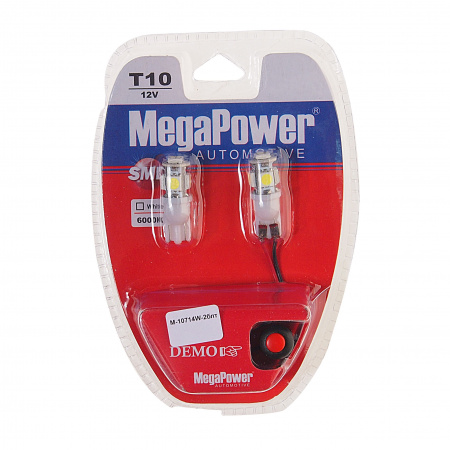 Автолампа T10W (W2,1x9,5d) 5 SMD 5050 WHITE блистер с тестером (2 шт) 6000K 100лм   12V MEGAPOWER /1 /25