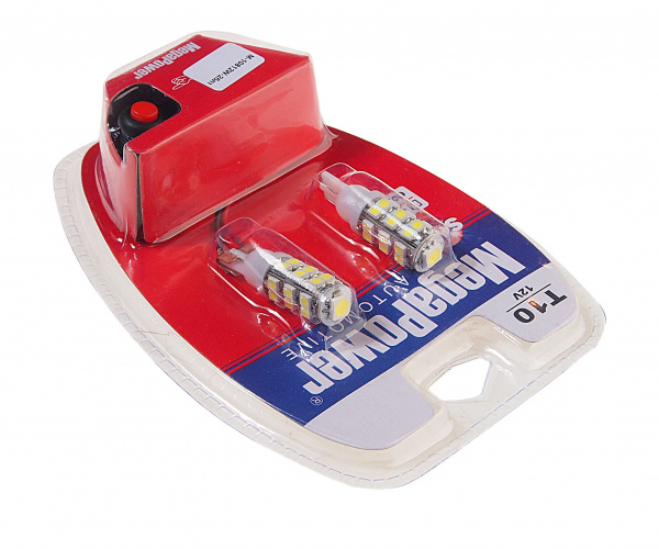 Автолампа T10W (W2,1x9,5d) 25 SMD 3528+5050 WHITE блистер с тестером (2 шт) 6000K 452лм   12V MEGAPOWER /1 /25