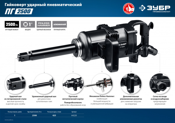 ЗУБР ПГ-2500, 1″, 2500 Н·м, ударный пневматический гайковерт, Профессионал (64220)