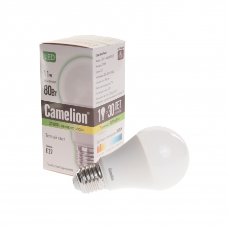 Лампа светодиодная E27 A60 11W тёплый свет CAMELION 1/10/100